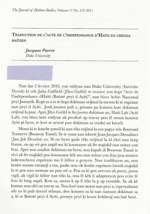 Traduction de L%27acte de l%27indépendance d%27Haïti en créole Haïtie_0