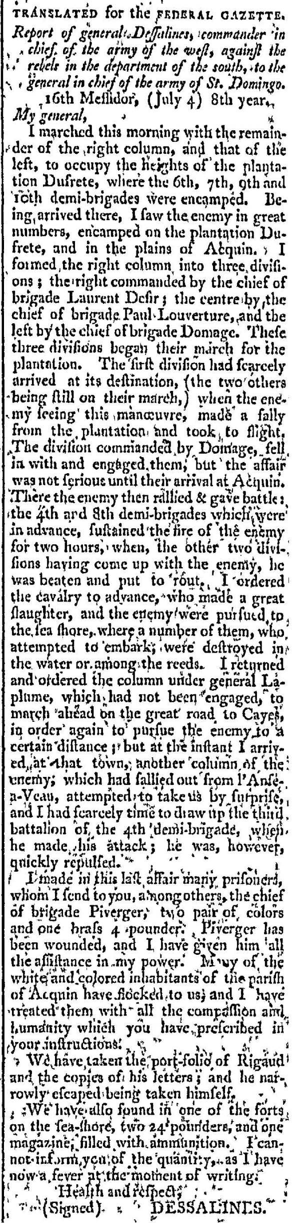 Dessalines Reader, Federal Gazette July 4, 1800